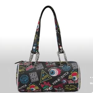 Von Dutch Black Multicolor Graffiti Barrel Shoulder Bag JAX BLACK